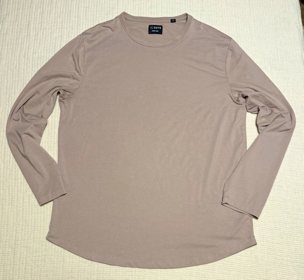 CUTS Curve-Hem Men’s Long Sleeve Crew Neck T-Shirt Solid Mauve Pink XL